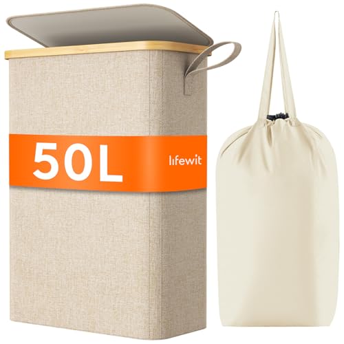 Lifewit Panier Linge Extra Plat, Paniere Linge Sale avec Couvercle, Corbeille a Linge Bambou avec Sac Amovible et Poignée, Bac Linge Etroit pour Chambre,...