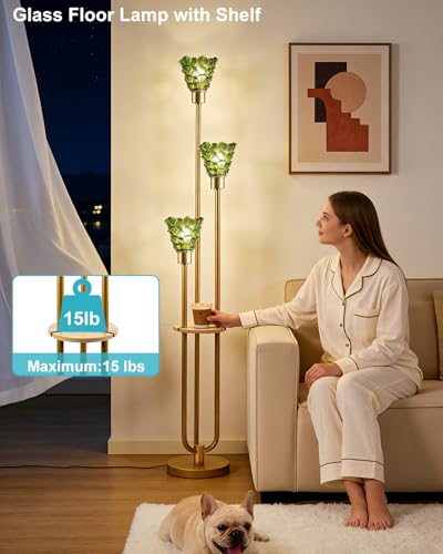 Image of 3-Light Modern Glass Floor Lamp with Shelf, Gold Tall Standing Lamp with Green Flower Glass Shade, LED Floor Lamp with Foot Switch& 5Lbs Heavy Base for Living Room Bedroom, Bulb Included