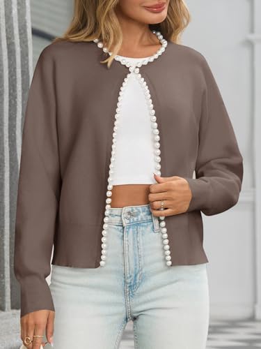 Image of Saodimallsu Womens Fall Open Front Cardigan Sweaters Pearl Long Sleeve Knit Tops Crewneck Dressy Casual Sweater Jacket