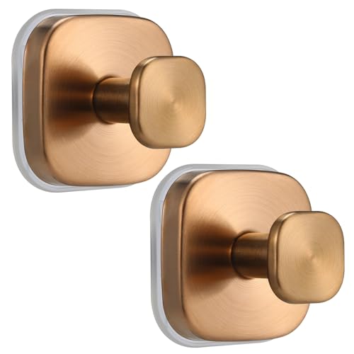 Image of No-Drill Reusable Suction Cup Hooks, Towel, Robe, Loofah, Coat Hook for Glass, Mirror, Tile, Shower, Bathroom, Kitchen & Metal (Smooth, Non-Porous Surfaces) (2, Champagne Bronze)