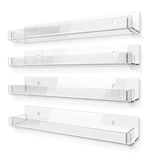 Image of 4 Pack 15 Inch Clear Acrylic Floating Wall Shelves, Kids Bookshel | Modern Display Rack for Nail Polish, Sunglasses, Oils, Toys & Pictures