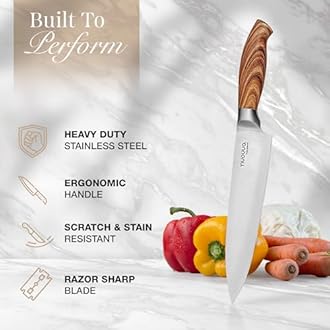 Nuovva Sharp Kitchen Knife Set – 7Pcs Stainless Steel Blades with Wooden Style Handles – 360° Rotating Acrylic Knives Block Set with Sharpener – Chef, Bread, Utility, Scissors, Paring & Carving Tools