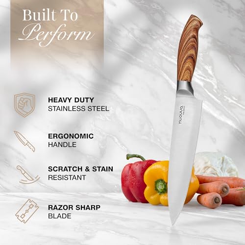 Nuovva Sharp Kitchen Knife Set – 7Pcs Stainless Steel Blades with Wooden Style Handles – 360° Rotating Acrylic Knives Block Set with Sharpener – Chef, Bread, Utility, Scissors, Paring & Carving Tools