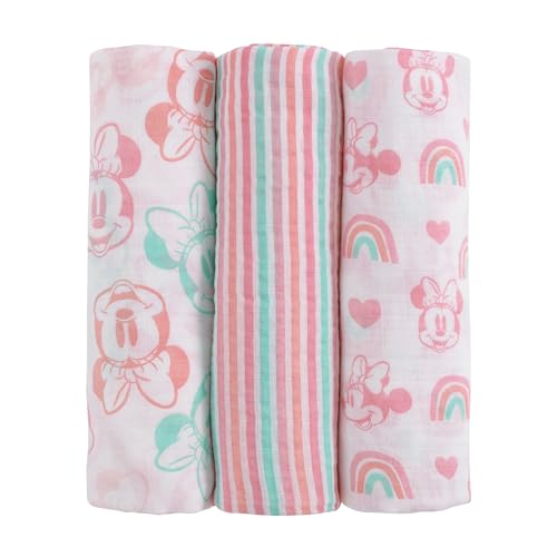 Image of NoJo Disney 3 Piece Muslin Swaddle Set Minnie Mouse Blankets 44x44 Inches, Soft 100% Cotton Muslin Wonderful Baby Gift
