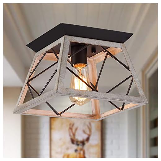 Q&S Rustic Farmhouse Ceiling Light Fixture Flush Mount Vintage Ceiling Lights for Hallway Entryway Kitchen Dining Room Bedroom,Wrought Iron Oak White and ORB 1 Light E26