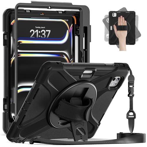 Étui iPad Pro 13 (2024) coque noire antichoc triple couche avec sangle rotative et support