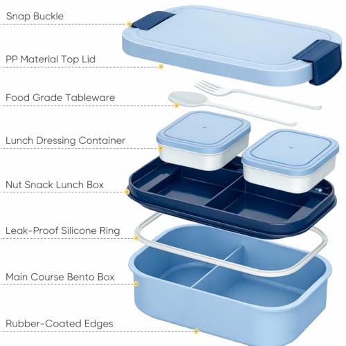 Image of YELONA Lunch Box for Office & Kids 1900ML | Double Layer Leakproof Bento Box with 5 Compartments | Microwave Safe, Built-in Spoon & Fork, BPA Free Tiffin Box - Blue