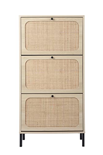 Yoluckea Rattan Shoe Cabinet, Shoe Cabinet Rack With Natural Rattan Weave Doors Design And 3 Flip Down Drawers, Narrow Shoe Cabinet With Metal Legs, Freestanding Wood Shoe Organizer (Light Brown2) #TOP4