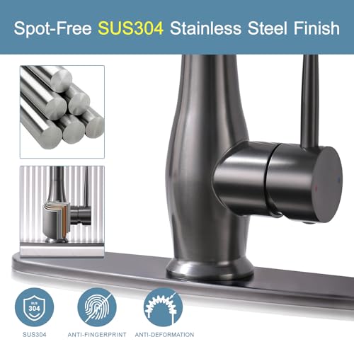 Image of GIMILI Black Stainless Kitchen Faucet with LED Single Handle Kitchen Sink Faucet with Pull Down Sprayer Commercial Double-Headed Stainless Steel Kitchen Faucets Sink with Deck Plate