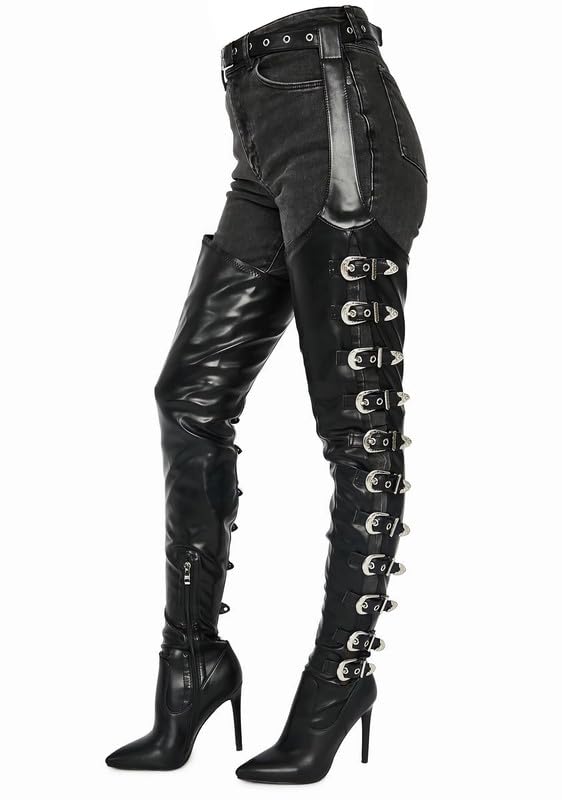 MissHeel Thigh High Belted Chap Boots with Bukles Sexy Over the Knee Stiletto Boots Side Zipper
