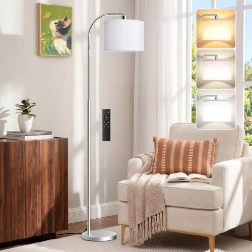 Image of PreeOtti White Floor Lamp, 63" Arc Standing Lamp,Remote Control,Silver Pole