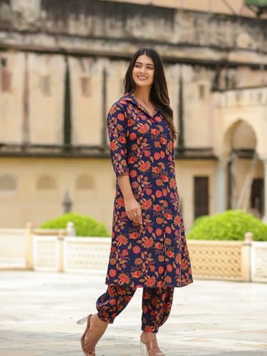 GRECIILOOKS Women’s Floral Printed Co-ord Set | Navy Blue Rayon Kurta with Pants | Casual & Festive Ethnic Wear 3/4 Sleeves | Co ord Set For Women Stylish | 2 Piece Dress For Holiday Look & Puja