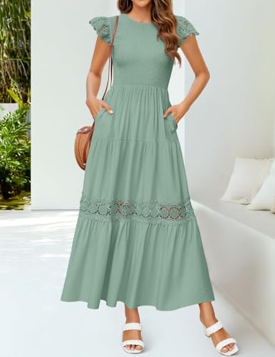 ZESICA Women's Casual Crew Neck Flutter Sleeve Smocked High Waist Hollow Out Lace Trim Tiered A Line Midi Dress3