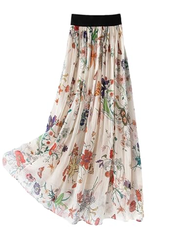 Women Silk Tulle Printed Skirts Summer Slim Thin Elastic Waist Floral Skirt Casual Midi A-Line Skirt
