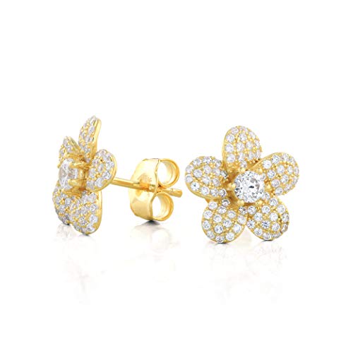 PZ Paz Creations 14K Yellow Gold Over 925 Sterling Silver CZ Flower Stud Earrings For Women Girls | Hypoallergenic For Pierced Ears | Sparkly Stylish Everyday Jewelry