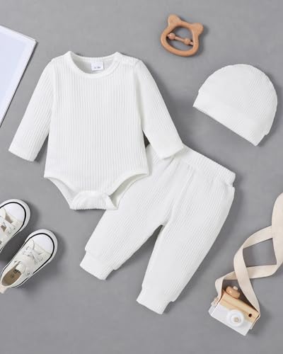 YALLET Baby Boy Clothes Newborn Infant Boy Outfits 3PCS Letter Print/Solid Color Rompe Pants Hat Fall Winter Clothing 0-18M2