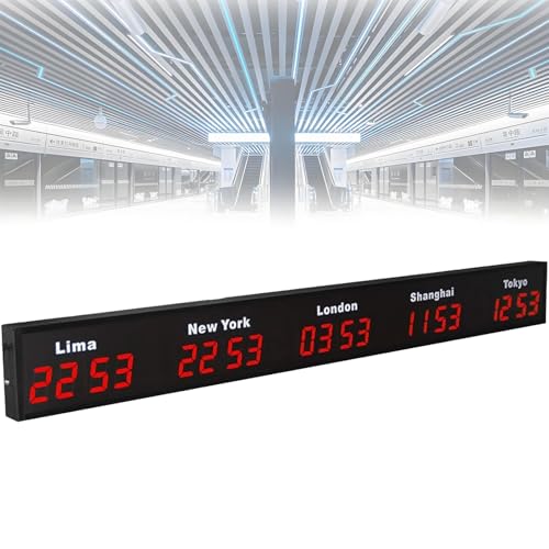 PxkVrin Orologio Digitale con Fuso orario Mondiale, Display a Parete per 4/5/6 Città, con Display a LED, per Hotel, multinazionali. 5City-Red