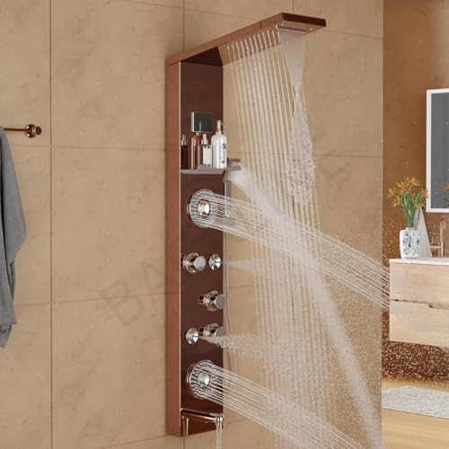 Image of Multifunction 8 in 1 Shower Panels For Bathroom SS304 Thermostatic Shower With Storage Shelf, LED Rainfall Shower,Hot & Cold Water Adjustable,Massage Spray,Hand Shower & Water Spout (Rosegold)