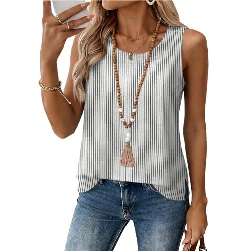 Rapbin Womens Summer Tops Tank Top for Women Cotton Linen Shirts for Women Spring Crewneck Sleeveless Shirts Black White Stripe Small