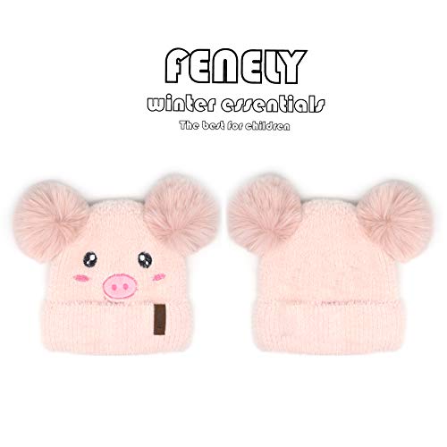 Kids Winter Beanie Knitted Hats For Girls Boys Toddler Baby, Pig Cartoon Animal Faux Fur Double Pom Pom Bobble Warm Soft Fleece Cute Infant Stocking Cap For Children #TOP5