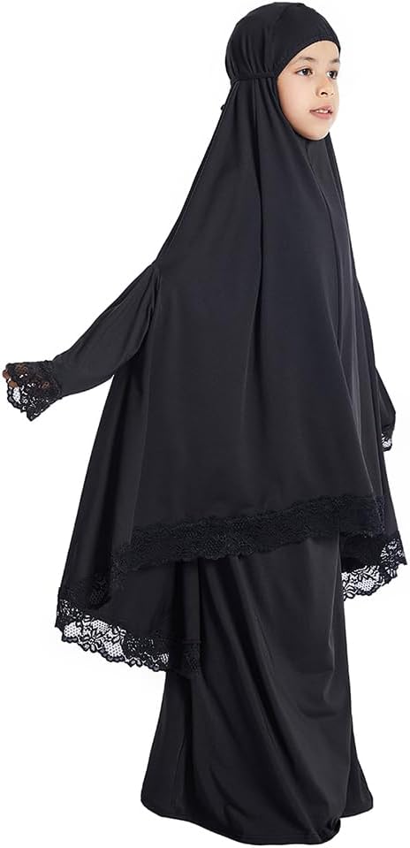 IBAKOM Muslim Dress for Girl Abaya Dubai Arabian Jilbab Skirt Long Sleeve Khimar Modest Islamic Eid Ramadan Prayer Clothes