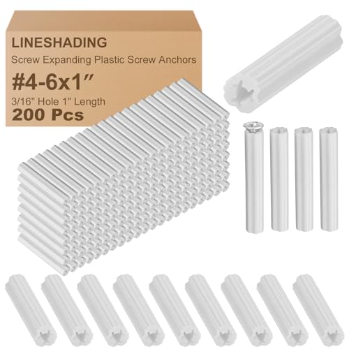 Lineshading 200 Pcs Expanding Plastic Screw Anchors 3/16" Hole White Plastic Anchors for Concrete Masonry Tile Cement Bolt Expansion Tube for #4,5,6 Screws, Fix to Wall Drywall or Other (1")