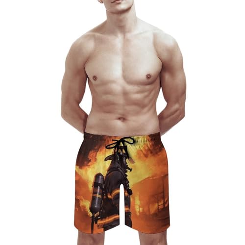 Firefighter Fireman Flame Mens Swim Trunks Quick Dry Hawaii Bathing Suit Board Shorts with Mesh Lining- 6