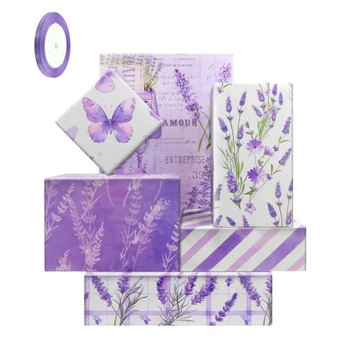 Unigift Purple Lavender Gift Wrapping Paper,6 Folded Flat Flower Butterfly Gift Wrap Paper Floral Stripes Wrapping Paper with Ribbon for Kids Bridal Shower Wedding Birthday Party Gift Wrap,20x28 inch