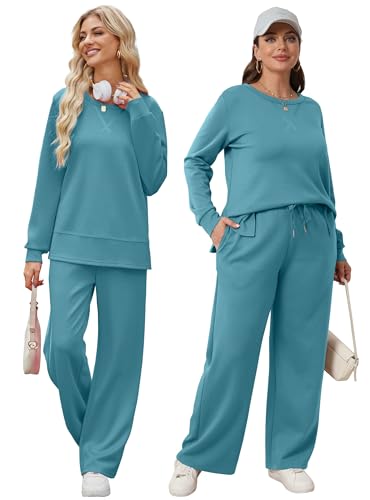 Image of OFEEFAN Women's 2 Piece Lounge Set Travel Airport Outfits Side Slit Tracksuit Wide Leg Loungewear Baggy Comfy Sweatsuit S-3XL