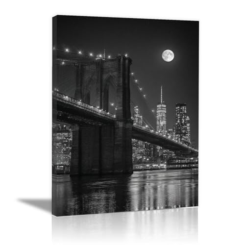 HUYEEI Arte Mural En Lienzo En Blanco Y Negro Puente iluminado por la luna pósteres murales en blanco y negro,Para Dormitorio, Oficina,sala de estar,Decoración（En blanco y negro-70x100cm Enmarcado