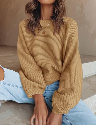 Zesica Women'S 2024 Crew Neck Long Lantern Sleeve Casual Loose Ribbed Knit Solid Soft Pullover Sweater Tops,Camel,Medium thumb #8