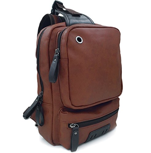 Mochila bandolera para hombre, de FREEMASTER, de piel sintética y estilo retro, para uso deportivo o escolar, marrón, 33 x 21 x 13 cm (13H x 8.3W x 5.1T inch ) thumbnail