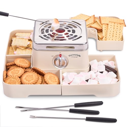 Electric Smores Maker - Indoor Smores Kit with 4 Detachable Trays, 4 Stainless Steel Forks - Flameless Smores Maker Tabletop Indoor Kit (White)