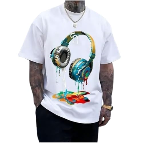 Classic Cotton Printed T-Shirt, Men's Navy Blue Graphic Tee with Vibrant Headphone Print (US, Alpha, Medium, Regular, Regular, White)