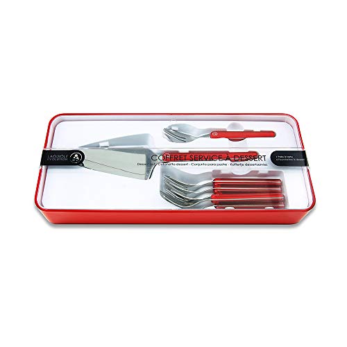 Laguiole Évolution - Coffret service à dessert 7 pièces - Coffret cadeau - Fourchettes à dessert et pelle à tarte en acier inoxydable et ABS Acidulé rouge