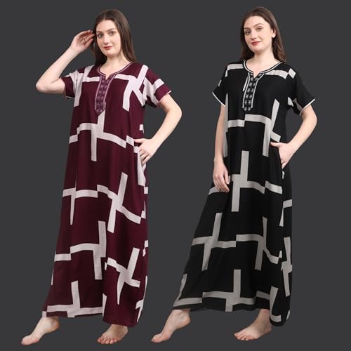 Image of Women's Nightgown | Wine Color with Abstract Geometric Print | Embroidered Neck Sleepwear | Premium Lounge Gown