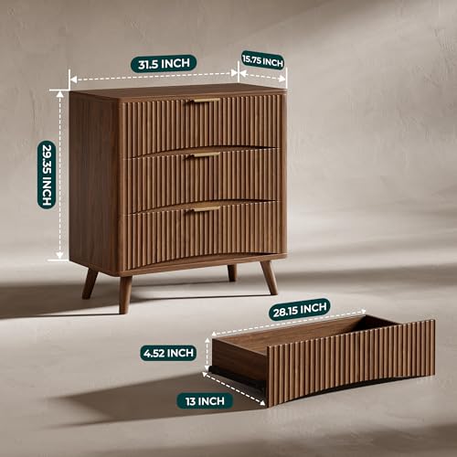 Image of Evermagin 31.5 inch W Oversized Fluted Nightstand with 3 Drawers | Mid Century Modern 3 Drawer Night Stand, Wood Dresser for Bedroom, Large Bedside Table with Storage, Walnut