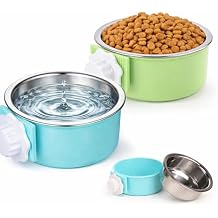 HERCOCCI 2Pcs Dog Crate Bowls, Hanging Removable Stainless Steel Food and Water Bowls for Puppies, Small Dogs, Cats, Rabbits & Ferrets Blue, Green