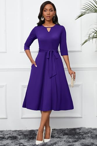 Image of CLOCOR Midi Dresses for Women Casual A-Line Fit and Flare Dress Crewneck 3 /4 Sleeve Keyhole Cocktail Party Church Dress