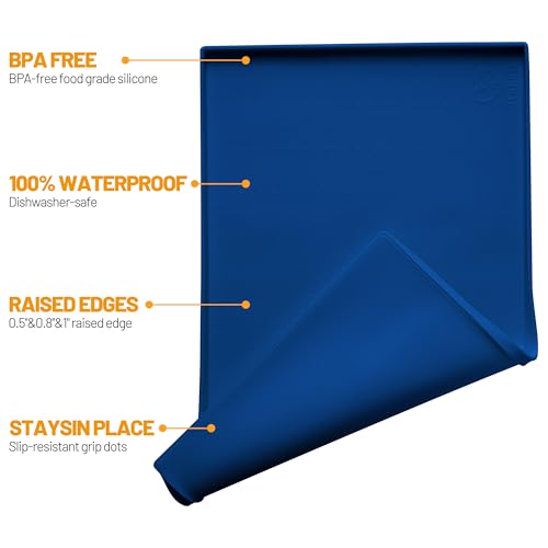 Hubulk Dog Feeding Mat,100% Waterproof Food Grade Silicone Pet Food and Water Bowl Placemat,Dishwasher, High Raised Edge to Prevent Spills,Nonslip Tray to Stop Messes on Floor (32"x24"x1.0", Navy)