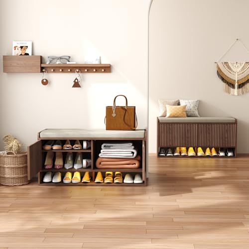 HOMEFORT 39.4\" Fluted Shoe Storage Bench, Entryway Bench with Linen Seat Cushion, Shoe Cabinet Bench with Adjustable Shelf and Built-in LED Sensor Light, Bench for Bedroom End of Bed,Walnut