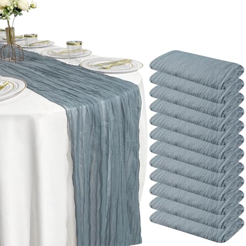 12 Pack Dusty Blue Cheesecloth Table Runner – 10FT Gauze Boho Table Runners for Wedding, Baby Shower, French Blue Bridal Party, Rustic Vintage Event Decor