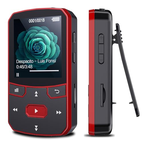 RUIZU 64GB Clip MP3 Player with Bluetooth 5.3, Portable Music Player with Voice Recorder for Sports Running, FM Radio, Pedometer, A-B Repeat, Audio Shuffle Playback, Support 128GB Micro SD Card, Red