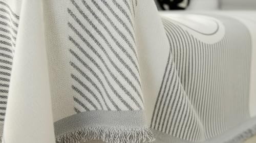 Image of The Furnishing Tree 3 Seater Reversible Chenille Sofa Cover, Double-Sided Luxury Throw, Anti-Slip Couch Cover, Soft & Comfortable Sofa Towel for All Seasons, Light Grey Stripe