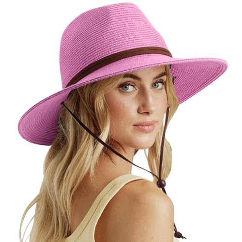 DRESHOW Womens Summer Straw Sun Hat Wide Brim Bucket Hats Fedora Hats Panama Beach Hat with Chin Strap UPF 50+