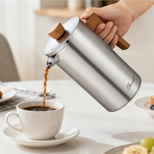 shoxil French Press Coffee Maker, 34oz Stainless Steel Coffee Press Real Wood Handle, Double Wall Insulated French Coffee Press with Dual-Filter Screen, Perfect for Camping & Kitchen Use by shoxil - Used condition - Image 5