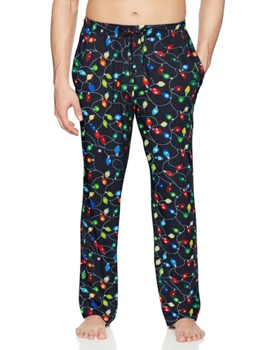 Vogseek Christmas Lights Sleep Pant for Man Black Pajama Pants with Drawstring Men's Xmas Sleepwear for Holiday Party M