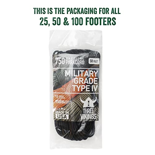 Three Vikings Premium 750Lb Tactical Paracord Rope Parachute Cord In Many Colors And Length Continuous Spools - Black - 500 Ft. (Coiled On Spool) - Tp750-Black-500 #TOP5