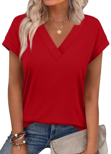 Womens Tops Dressy Casual V Neck T Shirts Short Sleeve Summer Tops for Women Trendy Business Casual Outfits Red Christmas Shrits 3XL