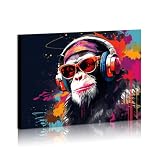 Monkey With Headphones Framed Wall Art Monkey Pop Art Cool Ape Abstract Canvas Prints for Home Decor Kids Room Wall Decor Animal Canvas Art Framed Ready to Hang 12x16 inches